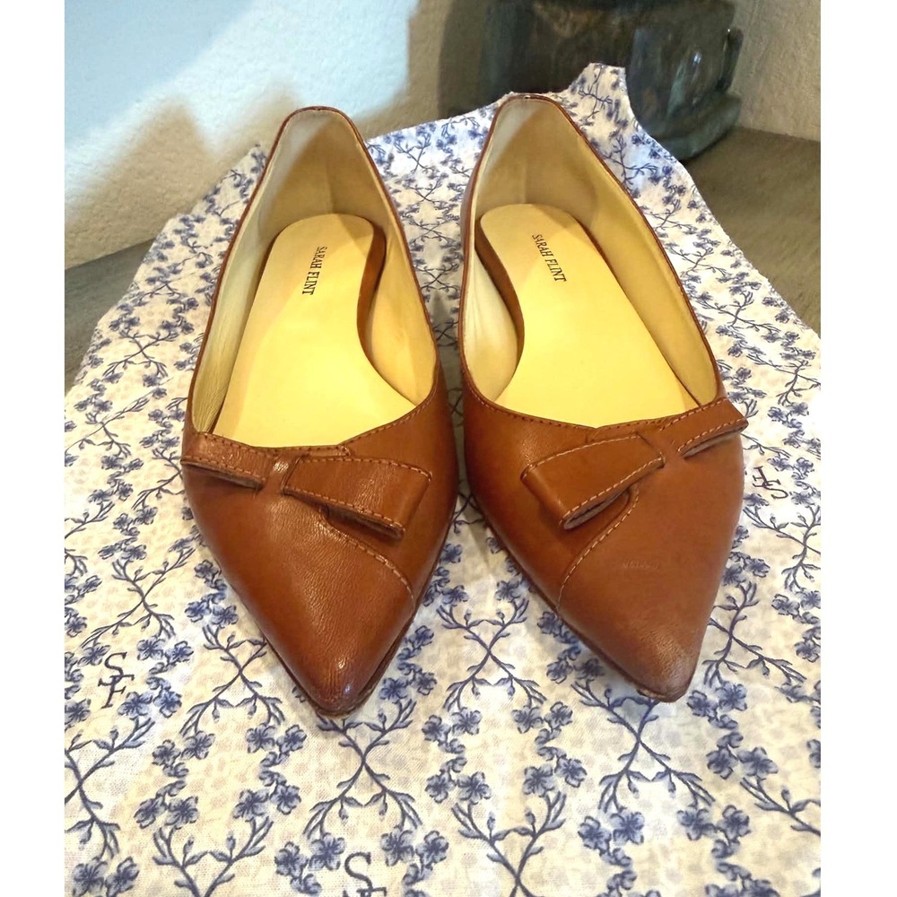 Sarah Flint Natalie Pointed Toe Bow Flat Cognac Brown Leather Italy Size 37.5